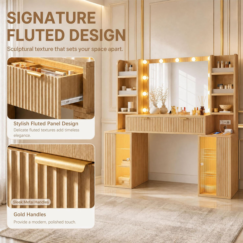 56'' Fluted Wooden Vanity with RGB Hollywood Lights & 36" HD...