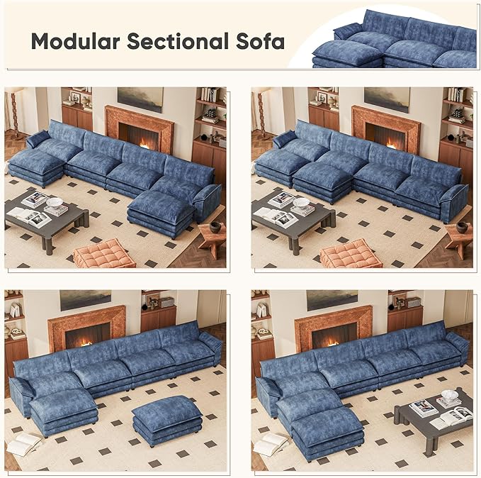Furniwell 159" Modern Couches Sectional Sofa with Movable Ottoman, U Shaped Sofa Couch with Comfy Chenille and Deep Seat, 4-Seat Cloud Couch for Living Room, Bedroom and Apartment