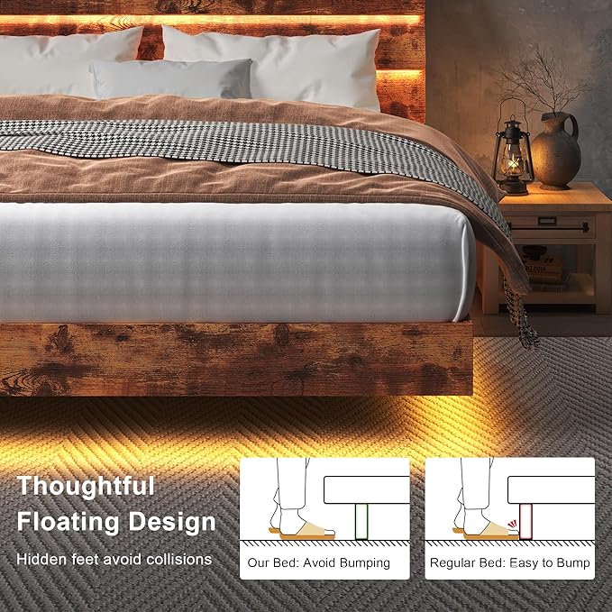 Feonase Floating Bed Frame Full with Led Lights and Charging Station, Wood Full Size Bed Frame with Storage Headboard, Heavy Duty Metal Slats, No Box Spring Needed, Easy Assembly, Vintage Brown