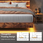 Feonase Floating Bed Frame Full with Led Lights and Charging Station, Wood Full Size Bed Frame with Storage Headboard, Heavy Duty Metal Slats, No Box Spring Needed, Easy Assembly, Vintage Brown