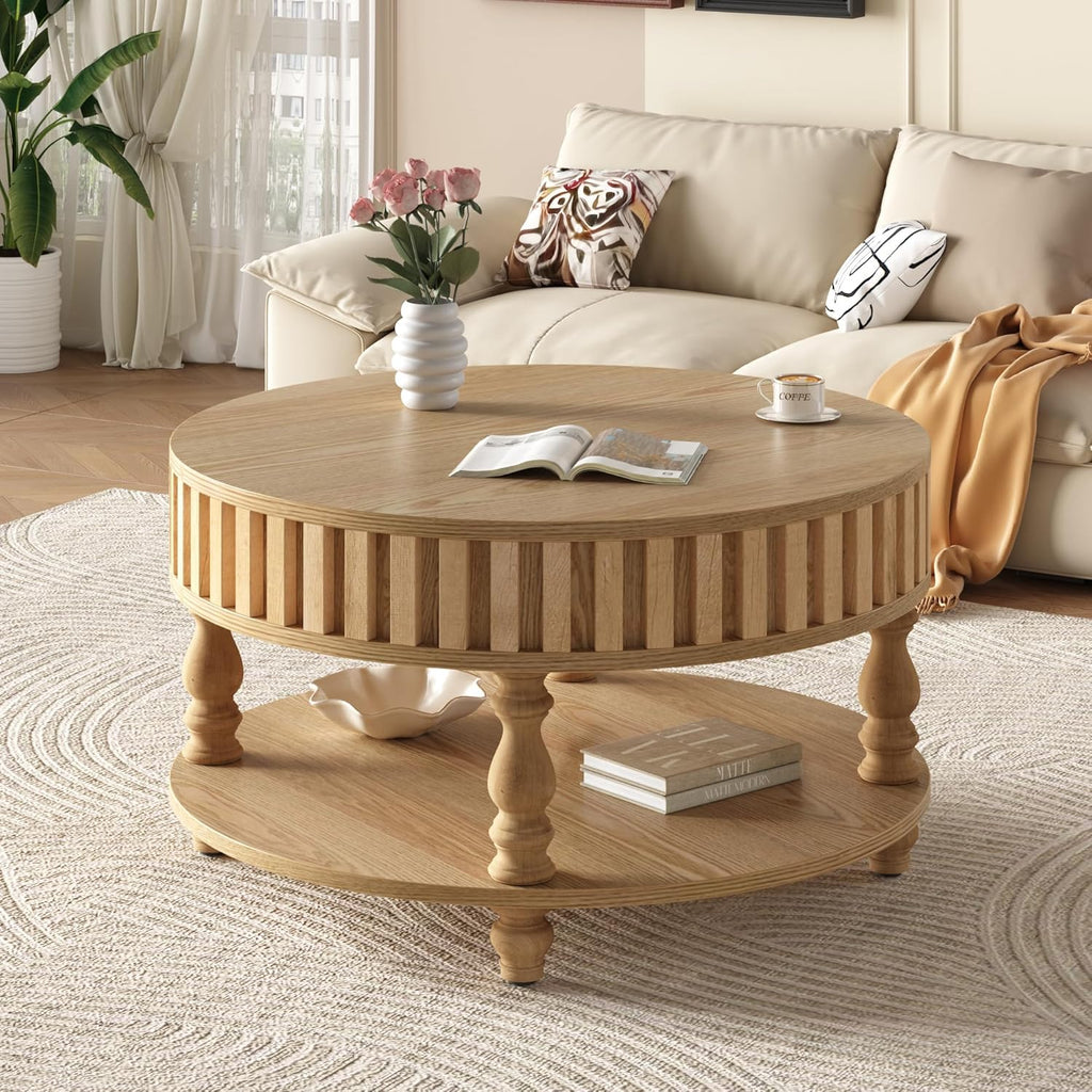 TesNus 31.5'' Round Coffee Table with Storage, Modern Wood Coffee Table for Living Room, Small Center Table with Hidden Compartment & Open Shelf, Farmhouse Boho Mid Century Coffee Tables, Natural Wood