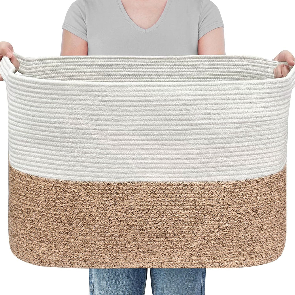 MEGASKET 108L Super Large Blanket Basket, 25" x 16" x 16" Woven Jumbo Basket for Blankets, Toys, Laundry, Extra Large Cotton Rope Pillow Holder Organizer, Entryway Shoes Bin, Living Room Storage