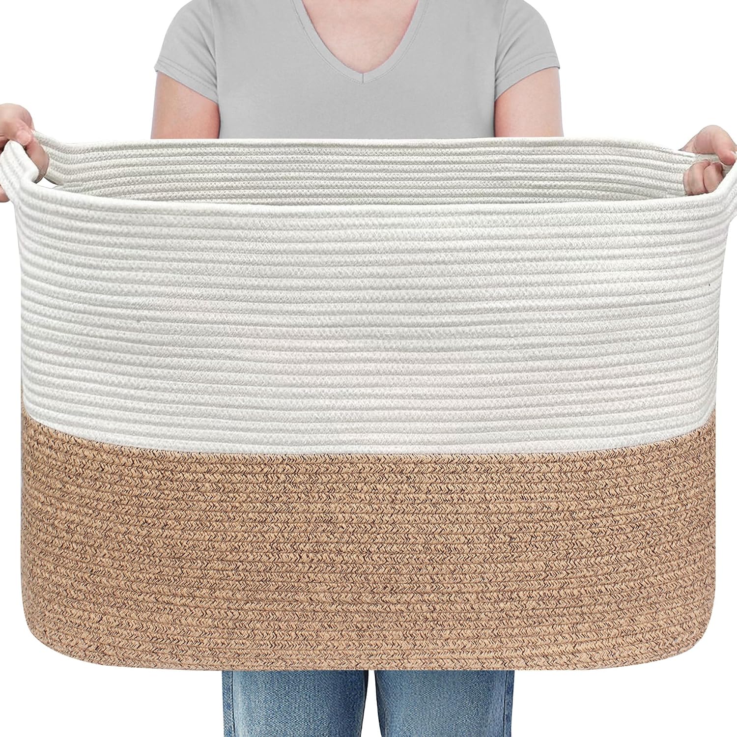 MEGASKET 108L Super Large Blanket Basket, 25" x 16" x 16" Woven Jumbo Basket for Blankets, Toys, Laundry, Extra Large Cotton Rope Pillow Holder Organizer, Entryway Shoes Bin, Living Room Storage
