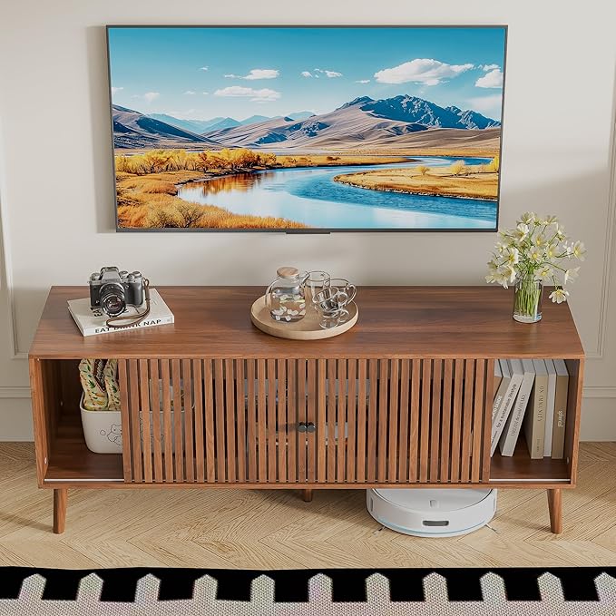 Mid Century Modern TV Stand for Televisions up to 60 Inches, with Sliding Doors and Storage, Television Stands, TV Consoles, Media Consoles for Living Room(Walnut-51.2inch)