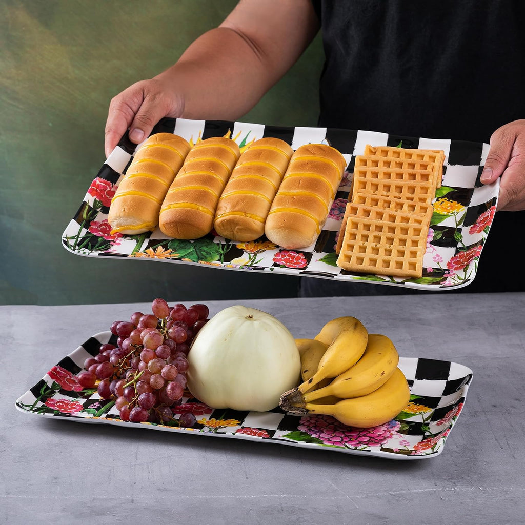 LEHAHA Rectangular Melamine Sunflower Serving Tray, 2-Piece Hydrangea Serving Platter Set, 17.5" x 10" Colorful Trays/Platters Sets for Outdoor and Indoor Dining and Entertaining Parties,Black Plaid