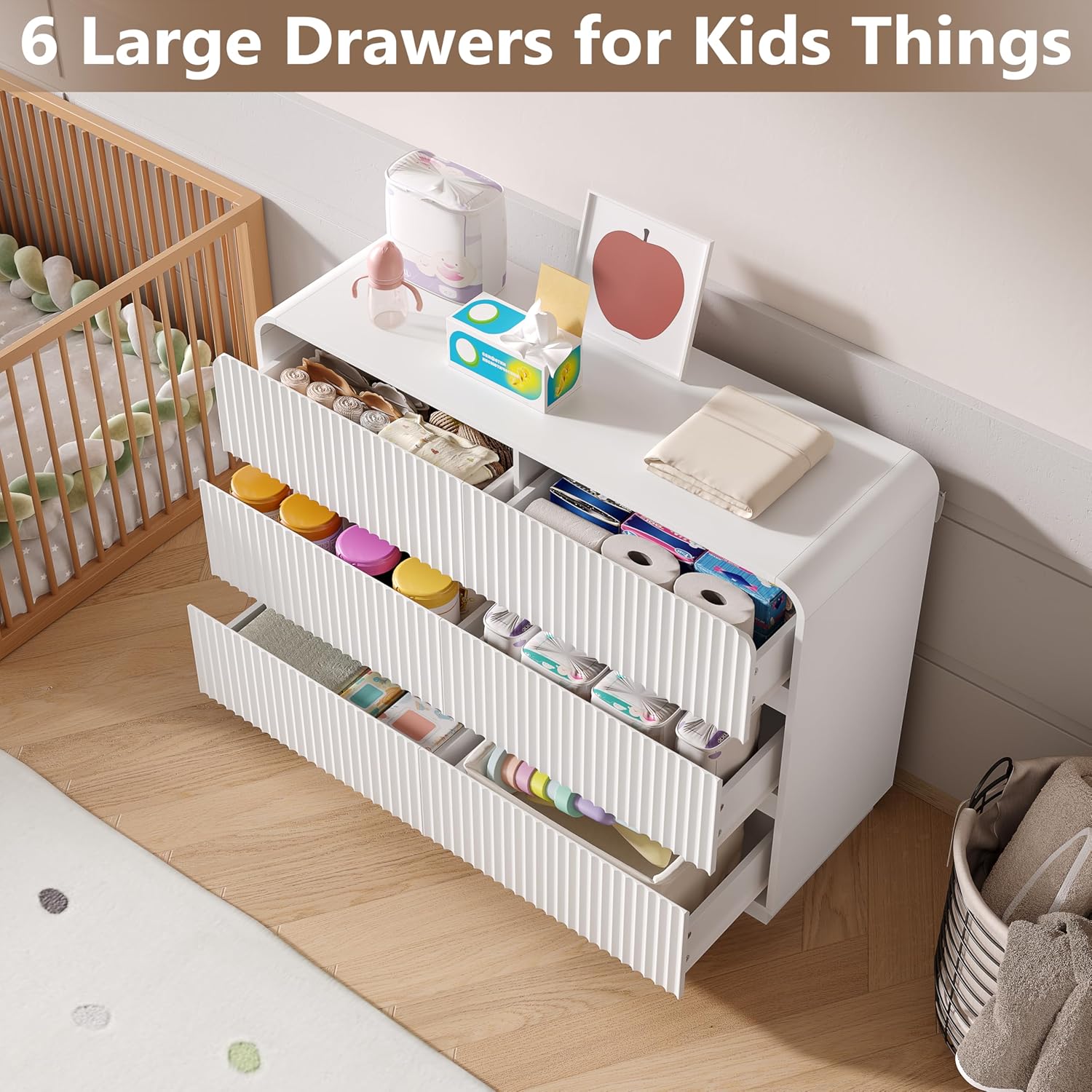 Dresser for Bedroom with 6 Drawers, Fluted Chest of Drawers with Round Curved Corner, Hidden Handles, Modern Wood Storage Organizer for Bedroom, Nursery, Living Room
