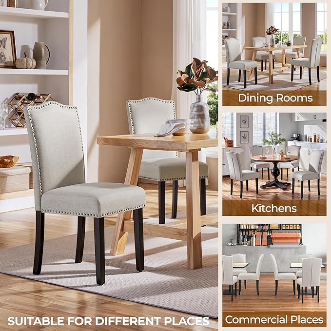 Yaheetech Dining Chairs Set of 2 Modern Kitchen Chairs with Fabric Upholstered Seat and Solid Wood Legs for Home Kitchen, Beige