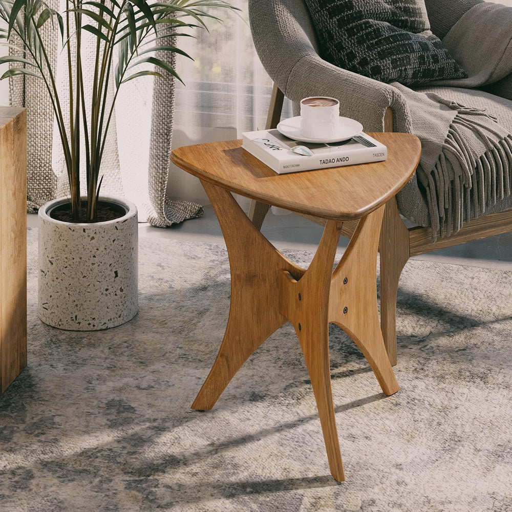 COZAYH Modern Triangle Wood End Table with Cross-Leg Rubberwood Base, Mid-Cen...