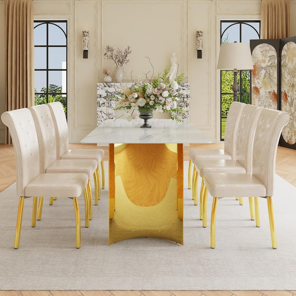 71" Dining Table Set for 6, White Faux Marble Dining Room Table Set for ...