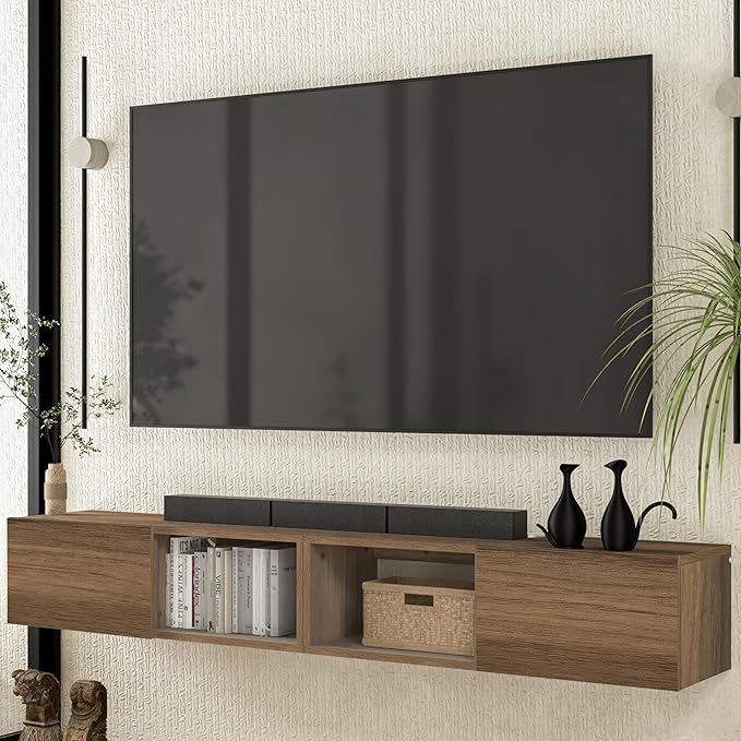 Atelier Mobili Floating TV Stand - Wall Mounted TV Stand for 75 Inch TV - Floating TV Shelf - Modern TV Stands for Living Room - Sleek Entertainment Center Design (Walnut, 2 Doors 2 Shelves)