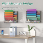 File Organizer Wall Mounted 4 Tiers Durable Adjustable Metal Vertical Hanging With 4 Pen Slots Stable R-shaped Bottom 4 Pull-out Devider to Sort File, Mail, Newspaper,Pen, Suitable for Office, Silver