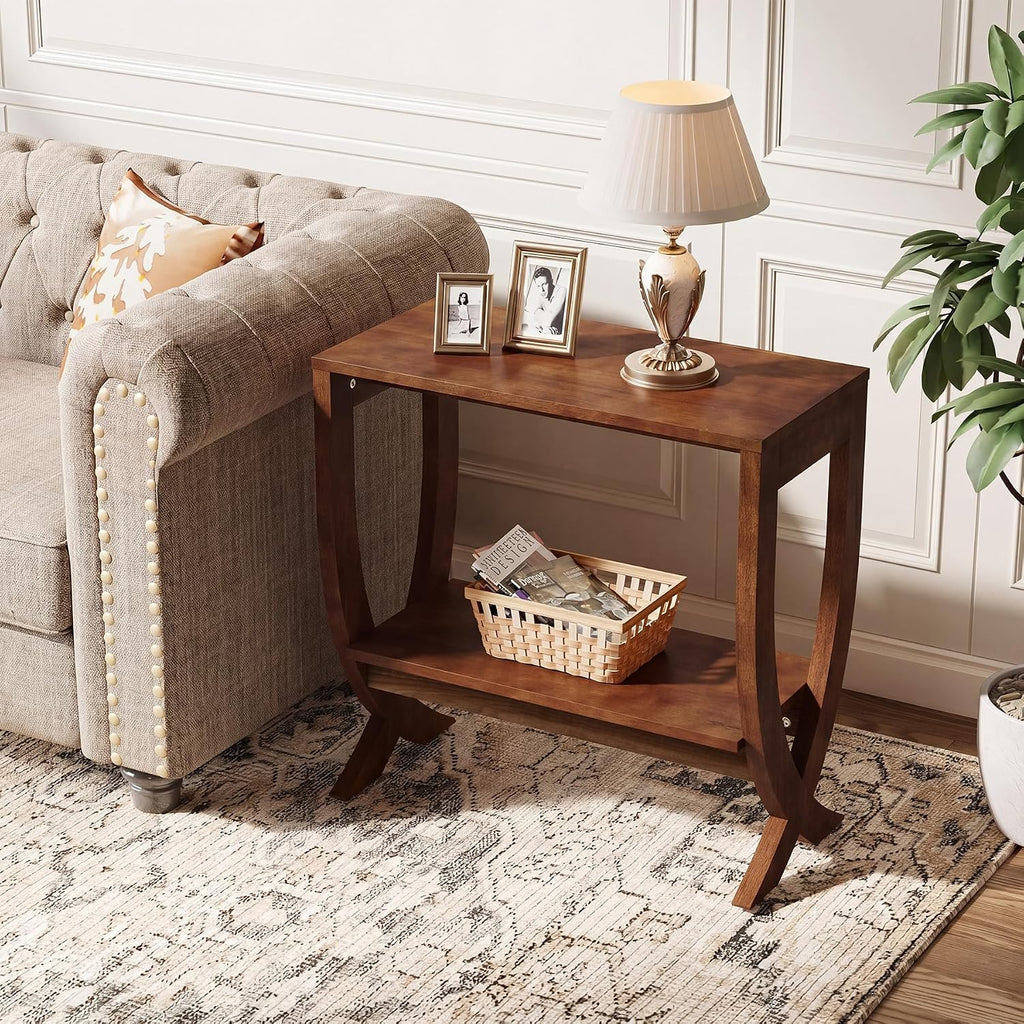 Solid End Table, 2-Tier Couch Side Table with Arched Legs for Small Space, Living Room, Easy Assembly, Rustic Walnut