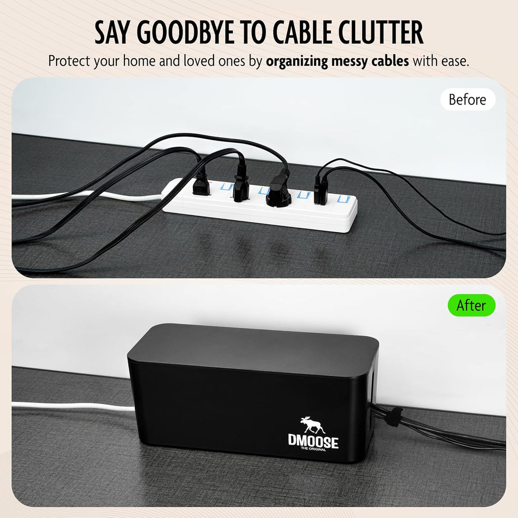 DMoose Cable Management Box - 2 Pack Medium & Large Cord Organizer for Desk & Floor, Cable Organizer Box for Child & Pet - Cable Box Hider for Tidy Office & Home, Power Strip Cover (Black - Pack of 2)