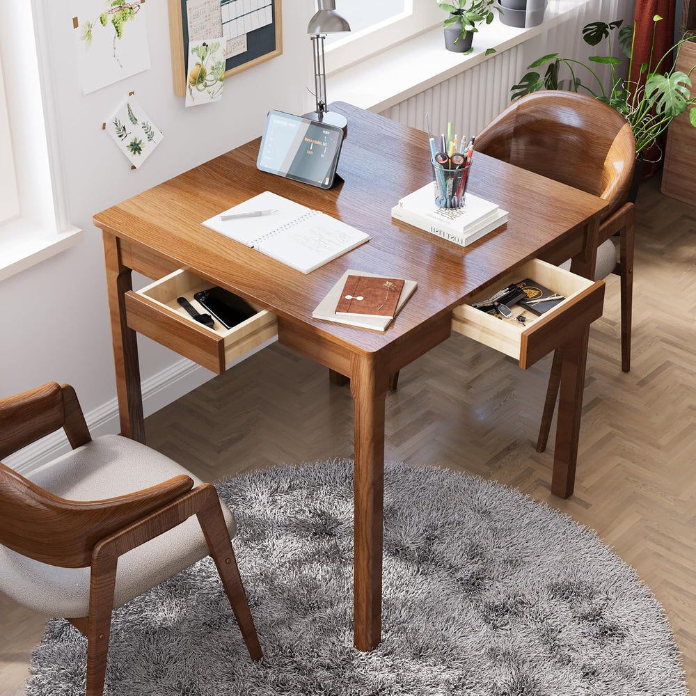 Solid Wood Desk with Drawers - 29.5” Square Dining Table, Mid Century Modern ...