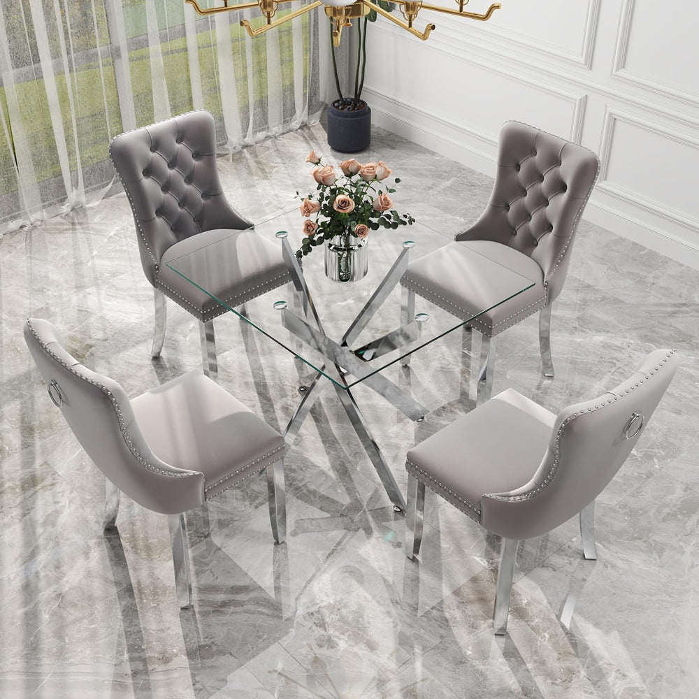 5 Piece Silver Luxury Glass Dining Set, Modern Minimalist Kitchen Table Set f...