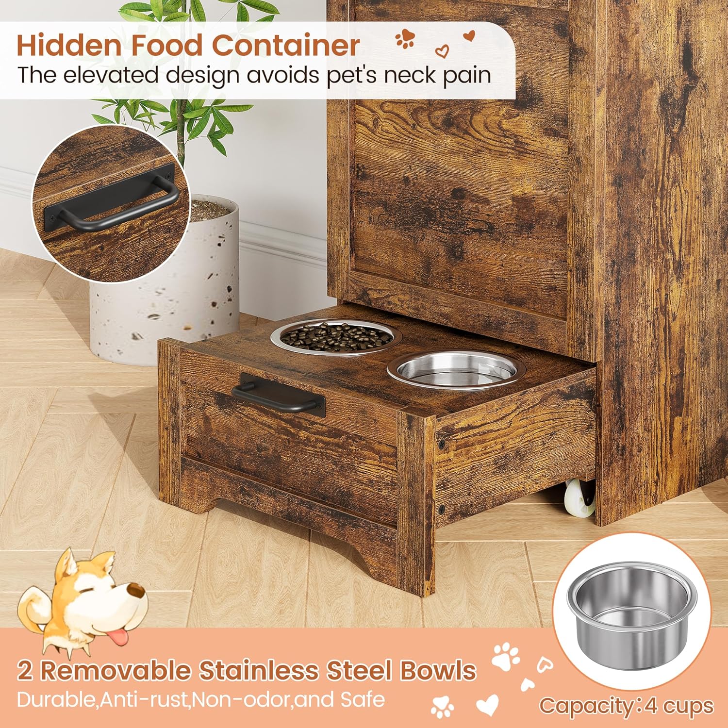 Dog Feeding Station with 2 Elevated Bowls, Pet Feeding Station,Flip Top Dog Food Storage Cabinet, Food Storage Container,Pet Toy Organizer,Modern Organizer,Brown