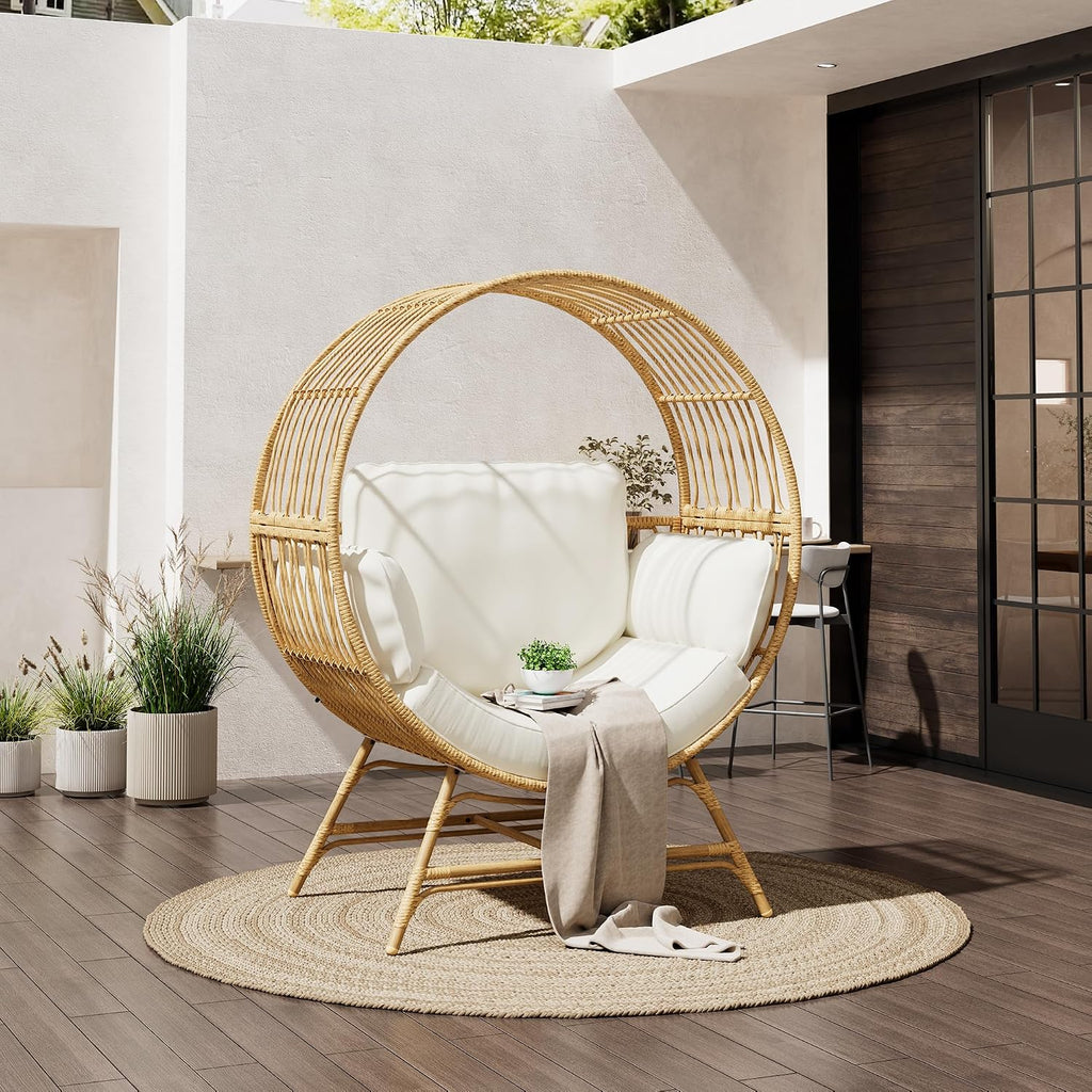 Bifanuo Oversized Egg Chair Indoor/Outdoor Rattan Hanging Basket Chair with Thickened Cushion Supports 350LBS – Wicker Patio Lounge Chair for Balcony Porch Living Room Backyard (Beige)
