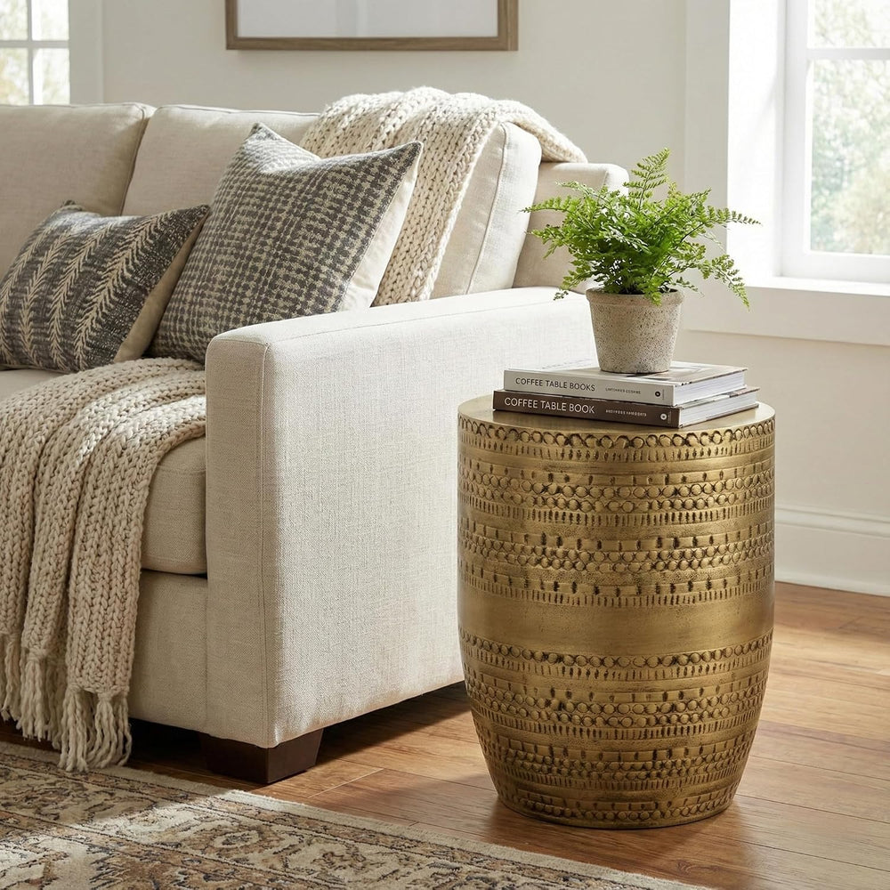 SIMPLIHOME Johnsen Tribal Accent Table – 15 inch Wide Round Metal Drum Table ...