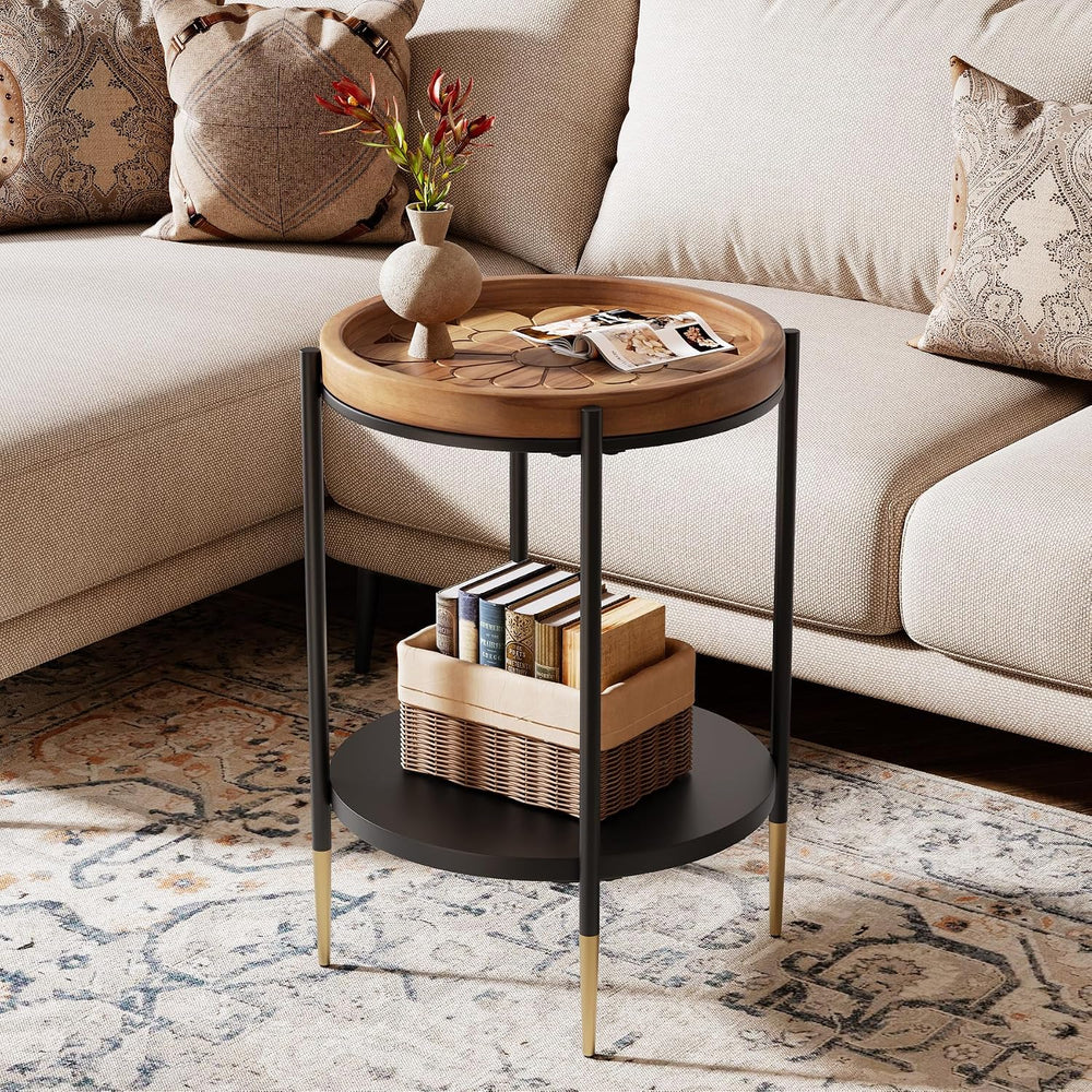 Tribesigns Round Side Table, 2-Tier End Table with Solid Wood and Metal, Indu...