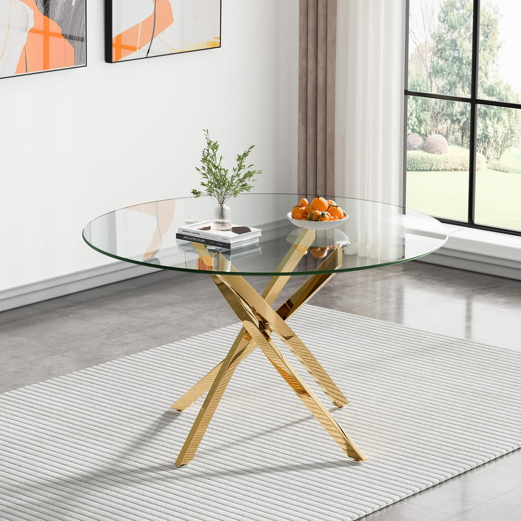SSLine 7-Piece Round Glass Dining Table Set for 6, Modern Glass Kitchen Table and Chair Set for 6, 47.2" Circle Dining Room Table with 6 Beige Tufted Chairs for Kitchen Home Office