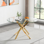 SSLine 7-Piece Round Glass Dining Table Set for 6, Modern Glass Kitchen Table and Chair Set for 6, 47.2" Circle Dining Room Table with 6 Beige Tufted Chairs for Kitchen Home Office