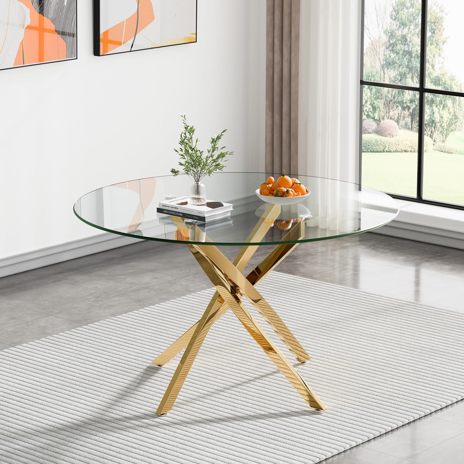 SSLine 7-Piece Round Glass Dining Table Set for 6, Modern Glass Kitchen Table and Chair Set for 6, 47.2" Circle Dining Room Table with 6 Beige Tufted Chairs for Kitchen Home Office