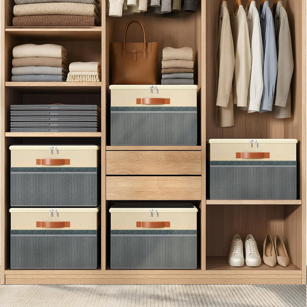 Shoe Organizer for Closet, 2 Pack Foldable Shoe Storage Organizer Box Bin with Adjustable Dividers and Clear Cover, Fits up to 16-32 Pairs（Grey&Beige）