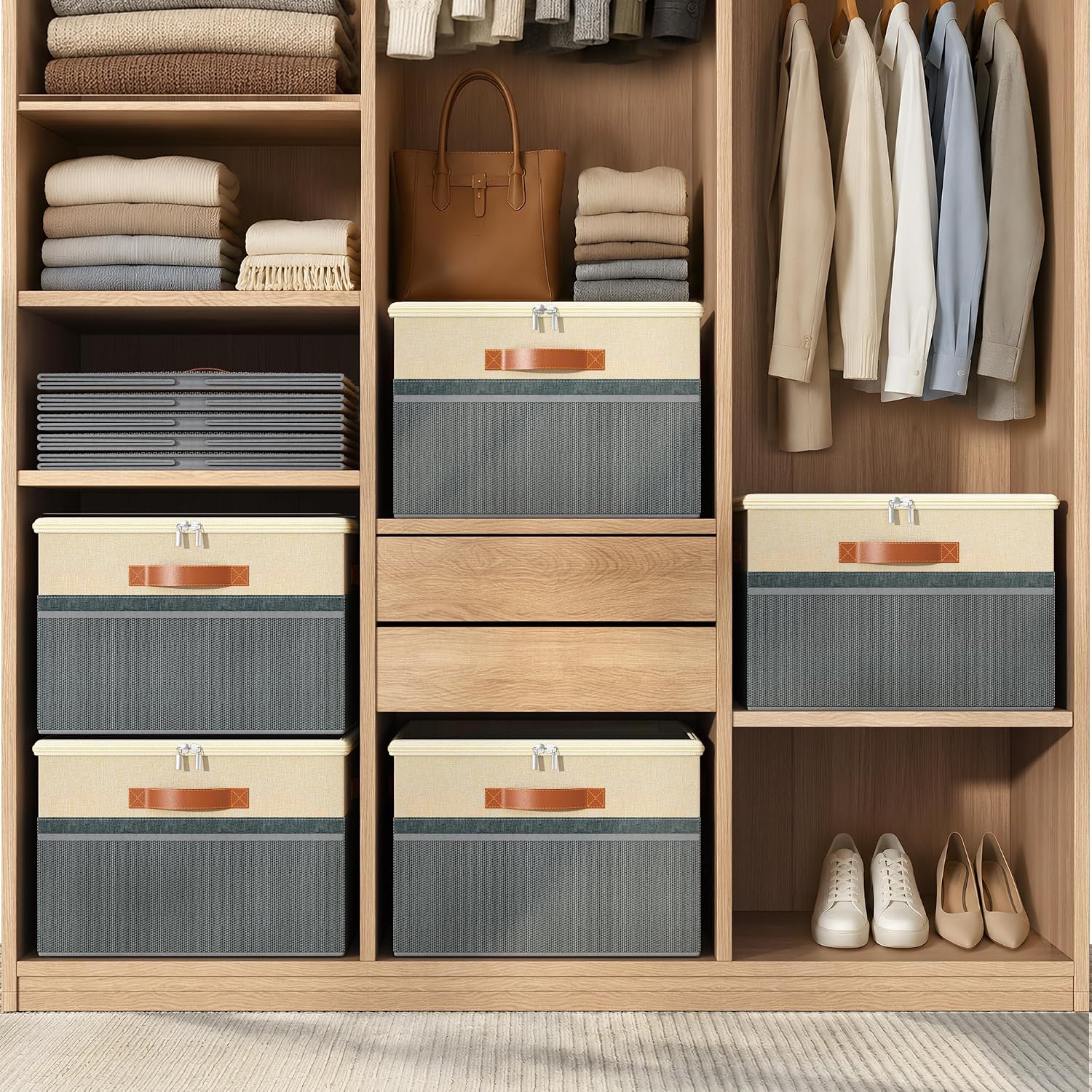 Shoe Organizer for Closet, 2 Pack Foldable Shoe Storage Organizer Box Bin with Adjustable Dividers and Clear Cover, Fits up to 16-32 Pairs（Grey&Beige）