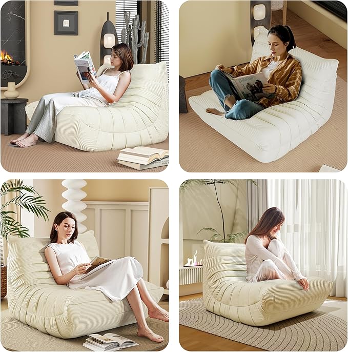 Bean Bag Chair, Lazy Floor Sofa Couch for Adults and Kids, Fireside Chair with Ergonomic Design, Memory Foam Lounge Chair for Living Room Bedroom, Office, Beige