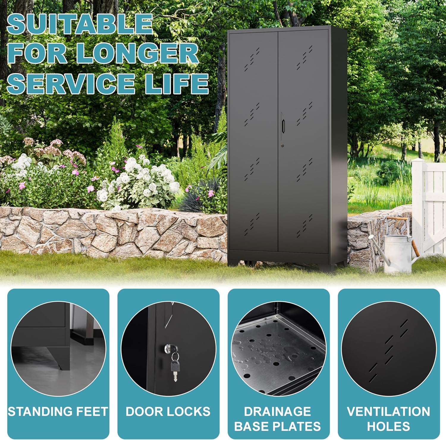 Metal Storage Cabinet 71" H, Garege Storage with Stainless Steel Bottom, Black Cleaning Supplies Organization Cabinet with Lockable Doors and Hanging Rod for Outdoor, Home Office