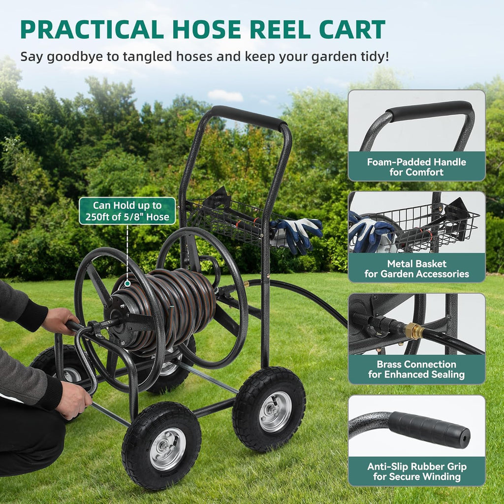 Garden Water Hose Reel Cart - 250 ft. Capacity, 10" Pneumatic Tires, Powder-Coated Steel Frame for Tangle-Free Garden Hose Storage
