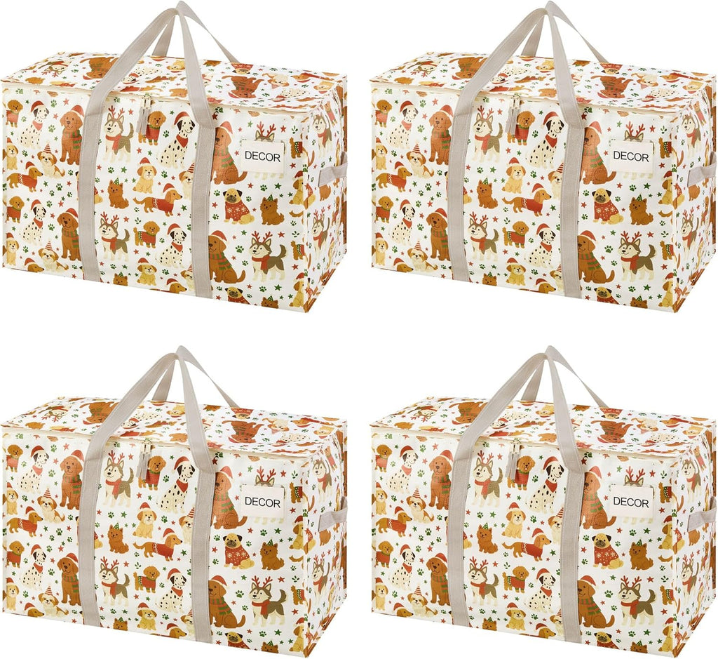 VENO 4 Pack Moving Bags and Large Christmas Storage Bins with lids. Alternative to Moving Boxes, Packing Supplies for College. Extra Large Heavy Duty Totes for Packaging (Holiday Pups, 4 Pack)