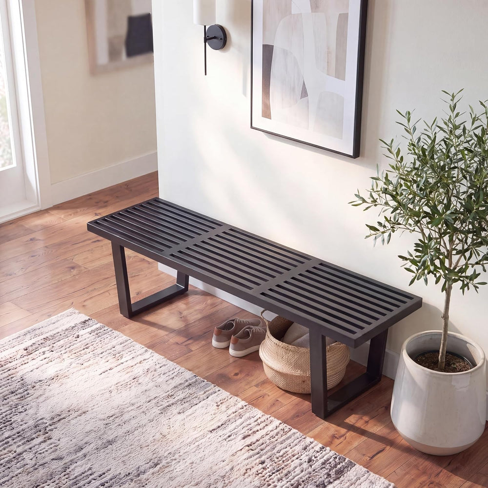 HNY Modern Entryway Bench Black Wood Minimalist Nelson Bench with Metal Legs ...
