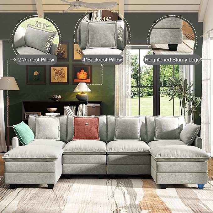 107" Cloud Couch Sectional, U Shaped Modular Sectional Sofa, 4-Seat Deep Seat Couch with 6 Removable Washable Pillows and 2 Ottoman for Living Room, Bedroom, Apartment, Light Grey
