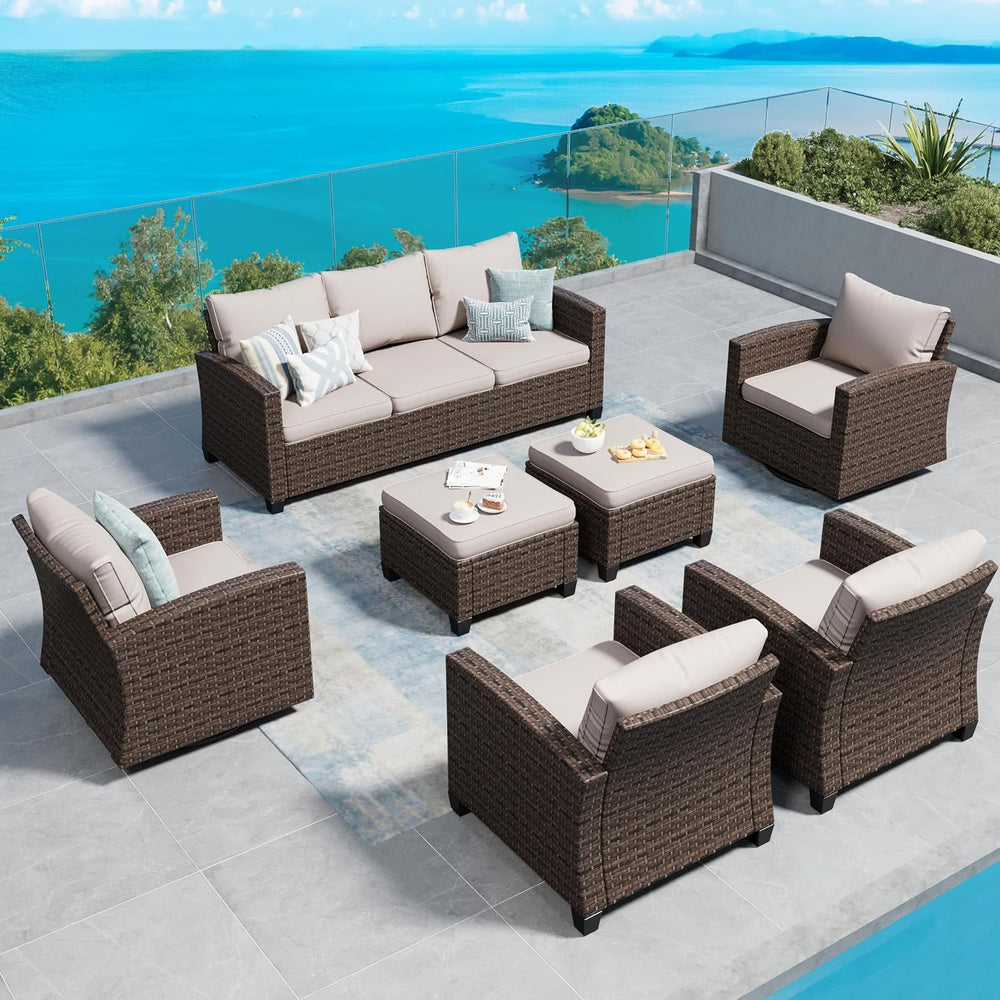 SUNSHINE VALLEY Outdoor Patio Ottomans,2 Pieces All Weather Wicker Ottomans w...