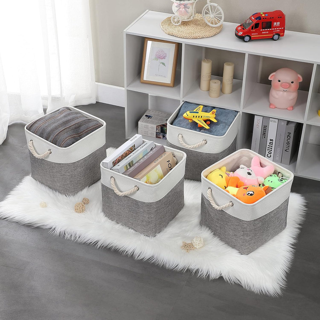Mangata Fabric Storage Basket, Canvas Cube Storage Boxes 11.8 x 11.8 inch for Cupboards, Shelves, Closet, Grey Whiteï¼ˆ30x30x30cm, 4 Packï¼‰
