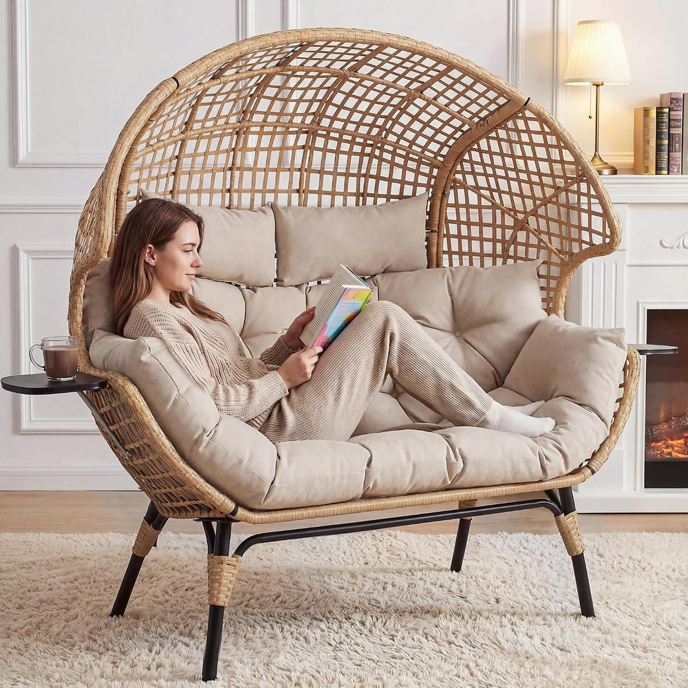 Double Egg Chair Outdoor Indoor 2 Person Wicker Egg Lounge Chair with Foldabl...