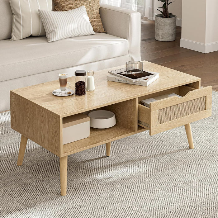 ZttRiee Rattan Coffee Table with Drawer, Boho, Natural