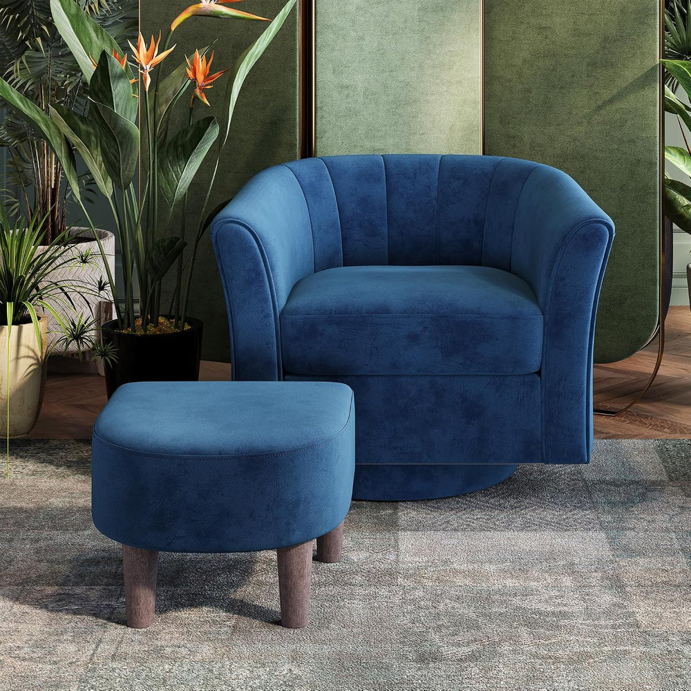 LINSY Large Swivel Accent Chair with Ottoman, Velvet Barrel Chair with Footre...