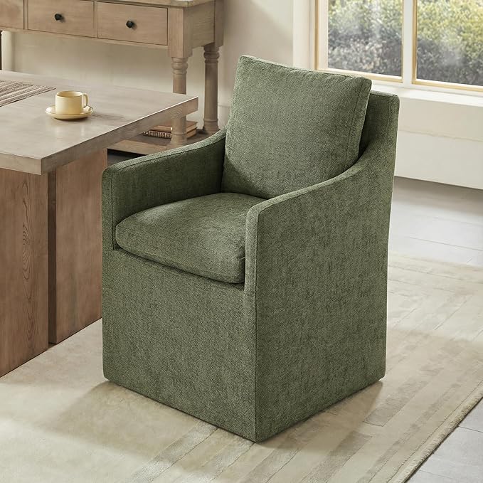 Upholstered Dining Chairs with Casters, No Assembly Modern Accent Armchair with Rollers for Dining Room, Bedroom, Living Room, Reading Room, Already Assembled, Green, 1 Box