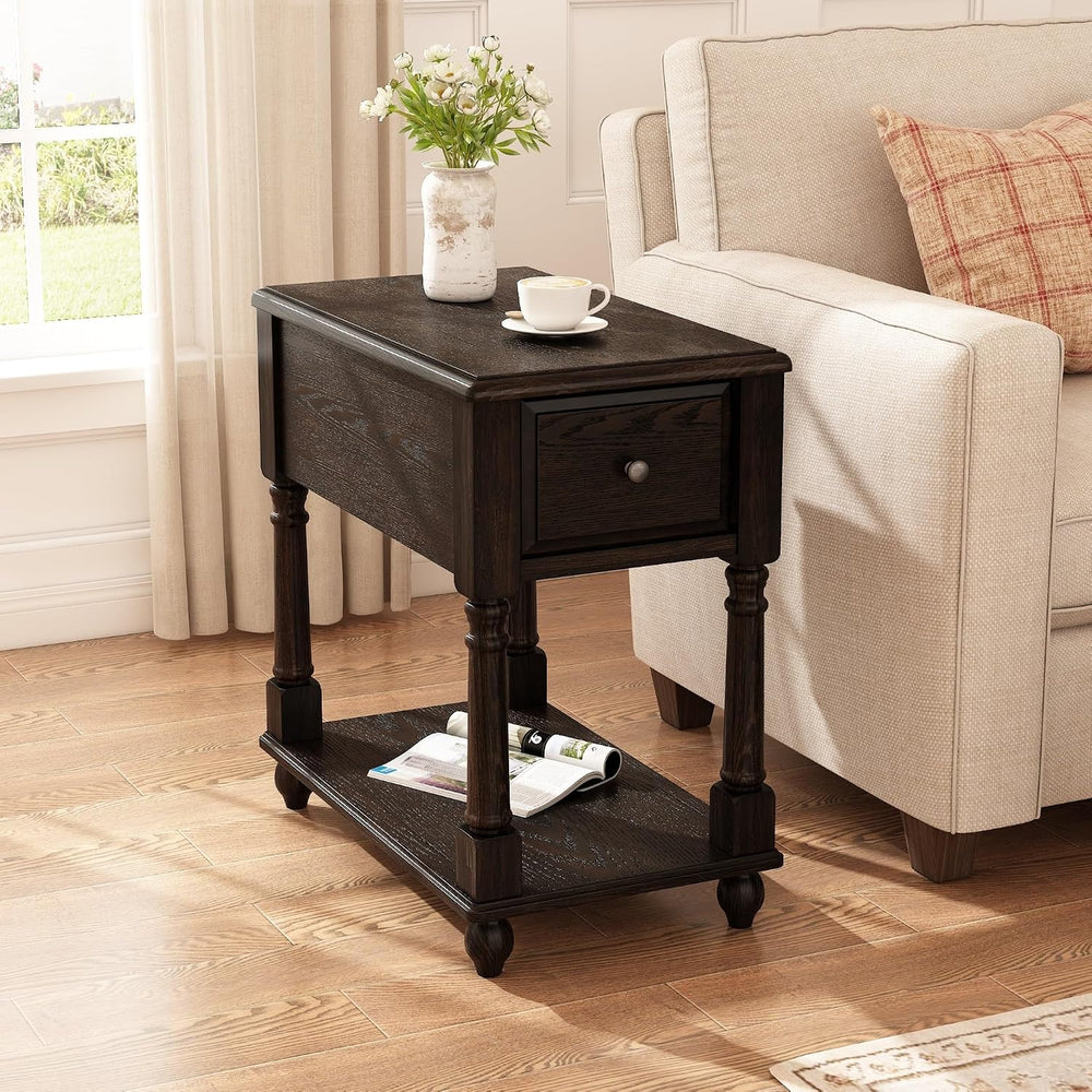 Set of 2 Narrow Open End Table with Drawer, Solid Wood Side Table 2-Tier Skin...