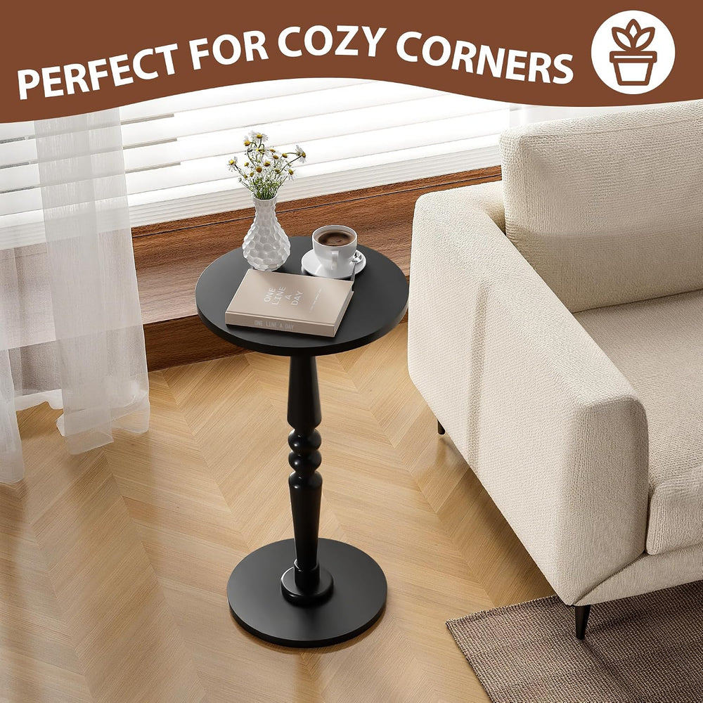 Small Wood Round Side Table - Accent Nightstand Pedestal Table for Living Roo...