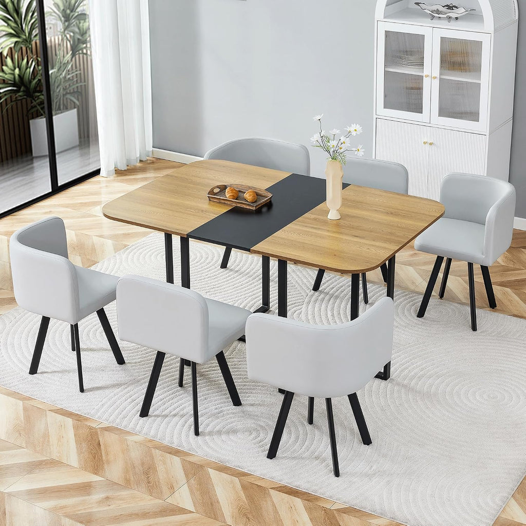 Hommoo 7-Piece Dining Table & Chairs Set for 6, 59” Rectangular Kitchen Table with 6 Chairs PU Leather Upholstered, Space-Saving Dining Room Table with Metal Frame Black Wood Table and Grey Chair