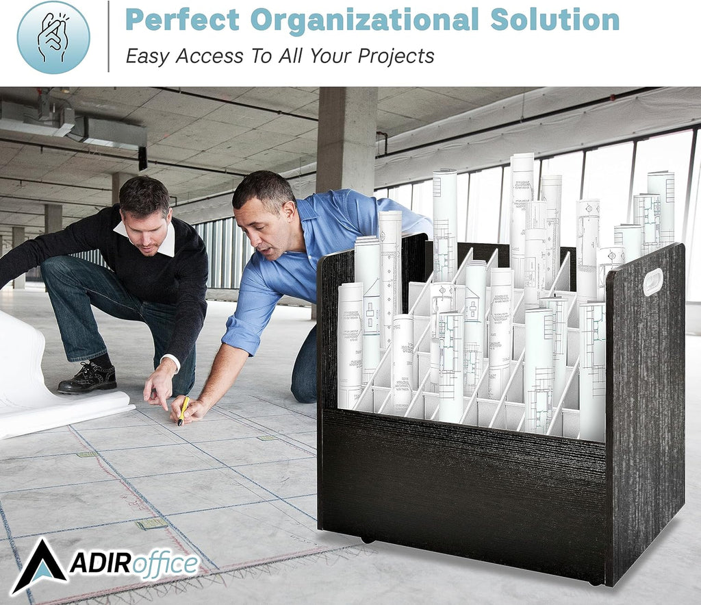 Adir Blue Print Storage Organizer - Mobile Roll File Cart, Construction Plan Holders, Blueprint Cabinet with Wheels, Roll Files Storage for Office and Home (50 Slots, Black)