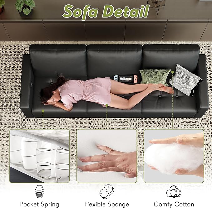 STHOUYN 73” Black Faux Leather Sofa Couch, Modern Comfy Office 3 Seater Couch Loveseat with Tufted Armrest and USB, Small Love Seat Couches for Living Room, Bedroom, Apartment