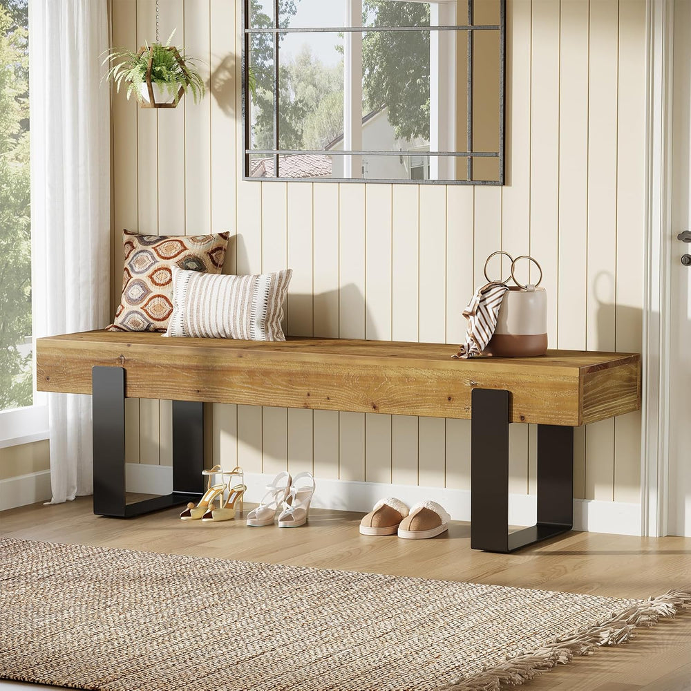 Solid Wooden Entryway Bench, 63" Farmhouse Indoor Shoe Bench with Metal ...