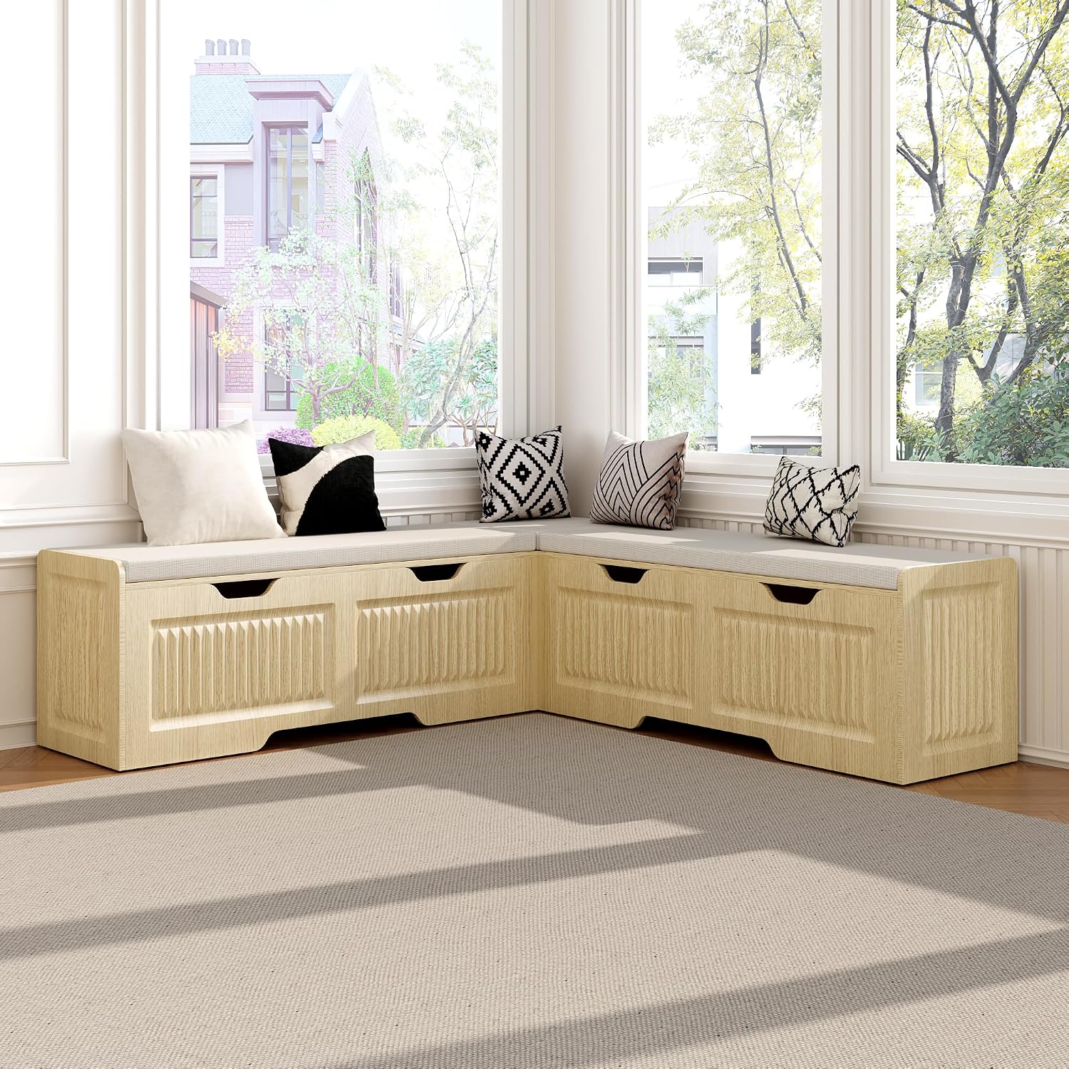 L Shape Storage Bench,63 in L-Shaped Kitchen Breakfast Corner Bench with Cushioned Seat and Hidden Storage Function,Wooden Backless Bench for Entryway,Suitable for Dining Room,Kitchen