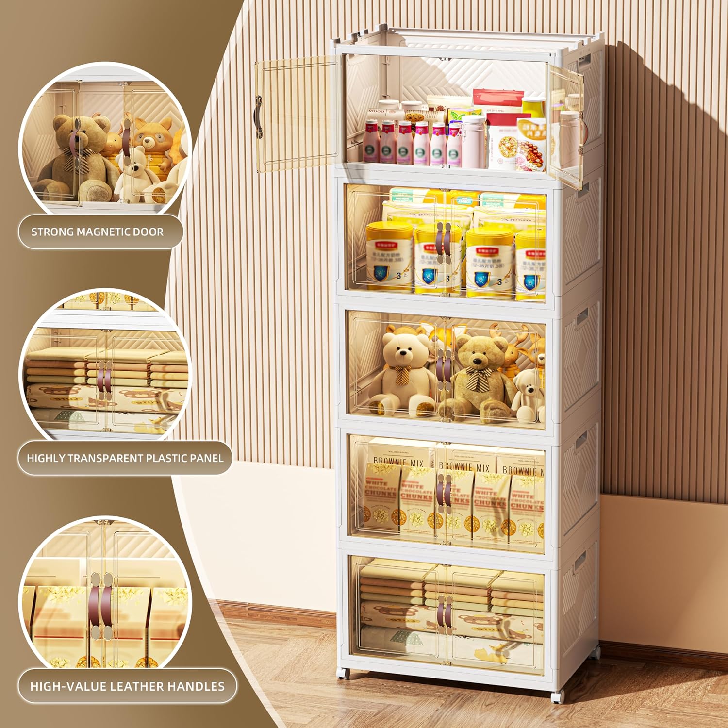 520 QT / 130 Gal Stackable Collapsible Storage Bins with Magnetic Doors & Wheels - Space-Saving Plastic Organizer Cabinet for Closet, Office, Home (White)