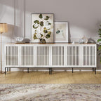 Farmhouse TV Stand for 100 Inch TVs, 2-in-1 Entertainment Center with Storage Cabinets & Metal Base, Antique White Media Console for Living Room