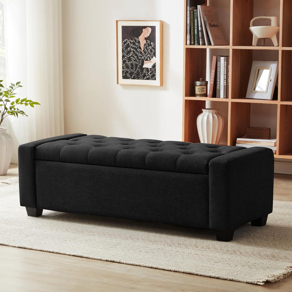 48" Ottoman with Storage, Black Storage Ottoman Bench with Safety Hinge | Upholstered Entryway Bench with Seating for Bedroom, Living Room, Holds up to 330 lb